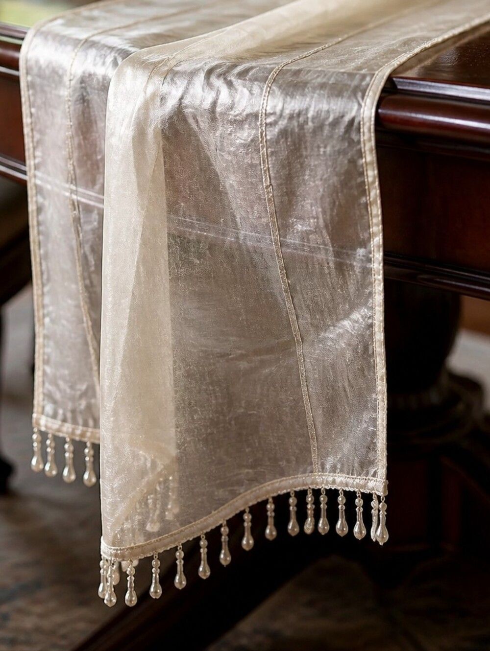 Vintage Ivory Table Runner Beaded Pearl Fringe Sheer 10" x 108" Antique Classic